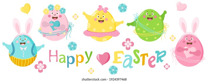 Happy easter. Set of colored cheerful cute Easter eggs with face, eyes and hands. The characters are a boy and a girl, in a skirt and trousers, with flowers and with hare ears. Vector illustration