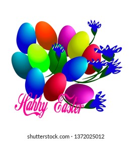 Happy Easter set of colorful eggs with blue flowers, vector greetings banners celebrating holiday religion