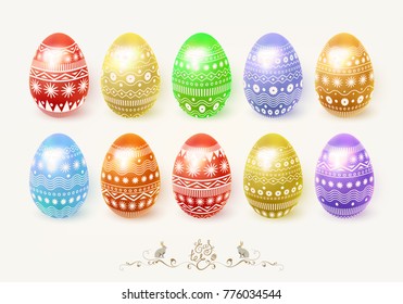 Happy Easter. A set of colorful Easter eggs with a delicate ornament. Isolated 3D objects. Easter bunny, lettering. Vector illustration