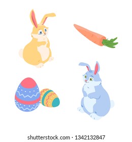 Happy Easter - a set of colorful isometric elements isolated on white background. A collection with cute blue and yellow rabbits, holiday symbols, carrot, decorated eggs. Perfect for greeting cards