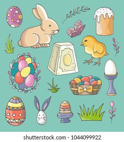 Happy Easter set of coloured elements. Hand drawn illustration. EPS10