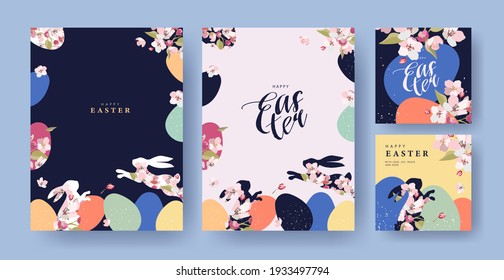 Happy Easter Set of Corporate greeting cards, invitations, holiday covers, posters or flyers design. Trendy Easter design templates with frame made of eggs, rabbits and spring flowers in pastel colors