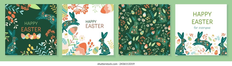 Feliz Pascua conjunto de cubiertas con tipografía, plantas dibujadas a mano, huevos y conejito. Coloridas plantillas de vector plano. Banners de vacaciones de moda, tarjetas de felicitación, carteles, diseños. Diseño de estampado de estilo popular