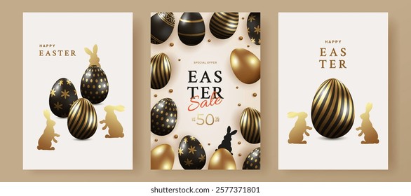 Happy Easter set. Creative design with realistic 3d Easter eggs in black and gold color and hand drawn bunnies. Modern template for greeting banner, card, advertising, sale, web, poster.