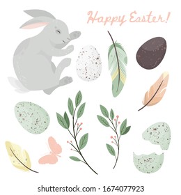 Happy Easter set. Cute bunny with eggs, feathers, flowers. Easter holiday concept. Vector illustration.