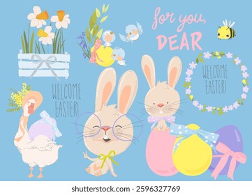 Happy Easter Set with Cute Bunny and Flowers. Vector Illustration