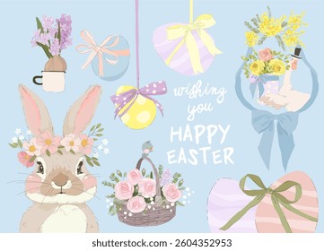 Happy Easter Set with Cute Bunny and Easter Elements. Vector Collection