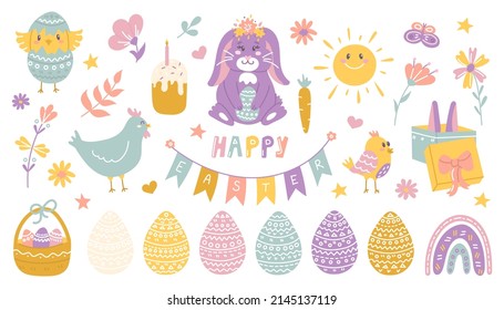 Happy Easter. Set of cute cartoon characters and design elements. Easter eggs, rabbit, chicken and flowers. Vector flat illustration.