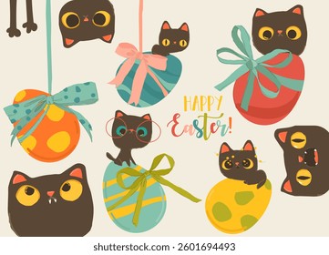 Happy Easter Set with Cute Cats and Easter Eggs. Vector Illustration