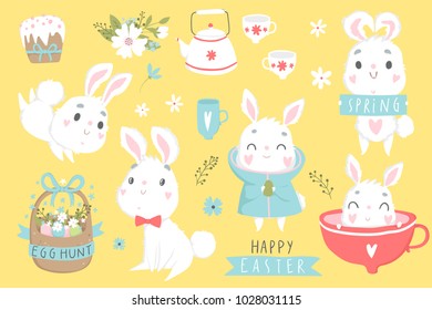 Happy Easter set with cute elements for greeting or invitation card. Vector illustration