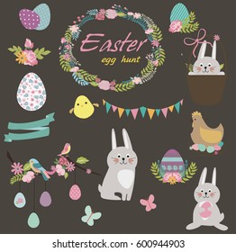 Happy Easter set with cute elements for greeting or invitation card. Vector illustration