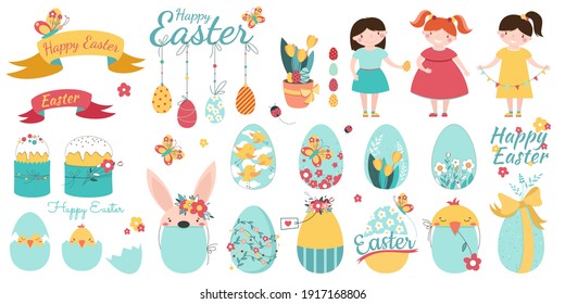 Happy Easter set. Cute girls, easter  cake and eggs with flowers on a white background. Spring holiday.  Vector illustration.