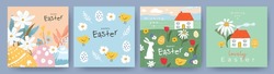 Happy Easter Set Of Cute Greeting Cards, Posters, Holiday Covers Or Banners. Trendy Design With Typography, Hand Painted Flowers, Plants, Dots, Eggs, Easter Bunny And Chick. Modern Art Style Templates