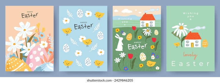 Happy Easter Set of cute greeting cards, posters, holiday covers or banners. Trendy design with typography, hand painted flowers, plants, dots, eggs, Easter bunny and chick. Modern art style templates