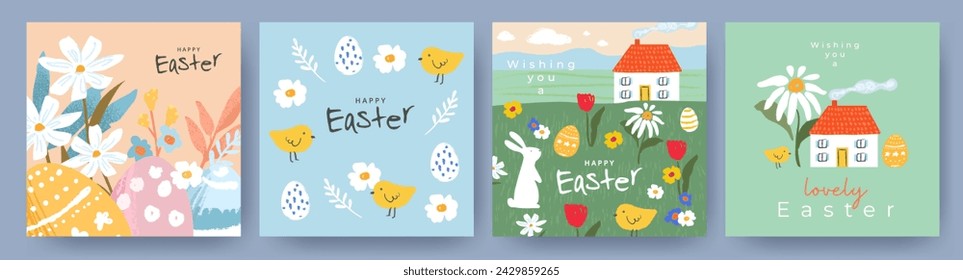 Happy Easter Set of cute greeting cards, posters, holiday covers or banners. Trendy design with typography, hand painted flowers, plants, dots, eggs, Easter bunny and chick. Modern art style templates