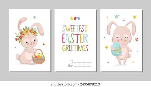Happy Easter Set of cute greeting cards, posters, holiday covers or banners. Trendy design with typography, hand painted Easter bunny and eggs.