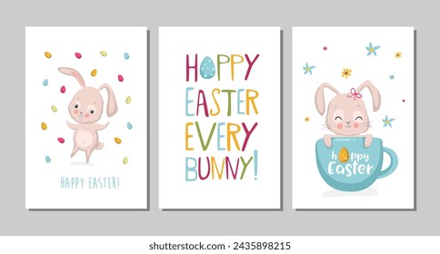 Happy Easter Set of cute greeting cards, posters, holiday covers or banners. Trendy design with typography, hand painted Easter bunny and eggs.