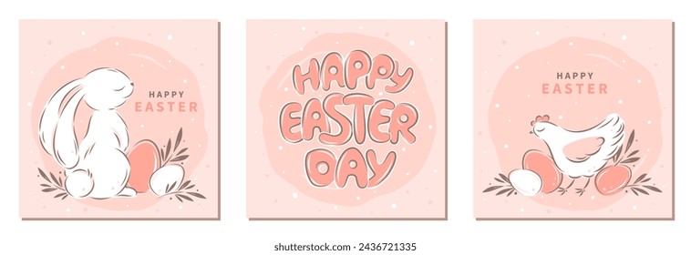 Feliz Pascua. Conjunto de lindas tarjetas de felicitación, carteles con conejo de Pascua, pollo, huevo y plantas de primavera en colores pastel. Ilustración de vector