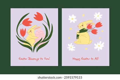 Happy Easter set of cute greeting cards, posters, holiday covers, or web banners with hand-drawn flowers, eggs, and bunnies in pastel colors, featuring modern typography and festive decor.