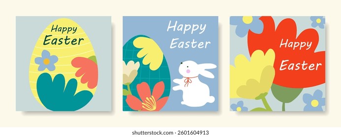 Happy Easter. Set of cute Easter greeting cards, posters, holiday covers or web banners. Vector.