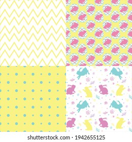 ¡Feliz Pascua! Montaje de hermosas vacaciones. Colección de coloridos patrones sin costura con símbolos tradicionales. Ilustración vectorial.