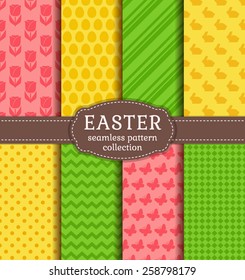 Happy Easter! Set of cute holiday backgrounds. Collection of seamless patterns in yellow, green and pink colors. Vector illustration. 