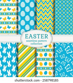 Happy Easter! Set of cute holiday backgrounds. Collection of seamless patterns in white, blue and yellow colors. Vector illustration. 