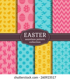 Happy Easter! Set of cute holiday backgrounds. Collection of seamless patterns with traditional symbols. Vector illustration.