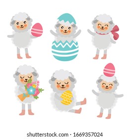 Happy Easter set. Cute lamb characters. Sheep with Easter eggs, spring flowers and a bow. Romantic composition. Good for spring invitations, banners, greeting card design.