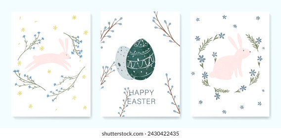 Feliz Pascua. Un conjunto de afiches lindos con flores de primavera, conejitos, huevos de Pascua, en colores pastel sobre un fondo blanco para el diseño de una cubierta, impresión, postal, banner.