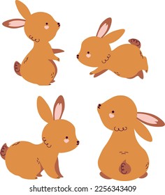  Happy Easter set. Cute rabbit characters in boho style. Vector illustration.
