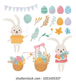 Happy Easter set. Cute rabbits characters, Easter basket, spring flowers and plants. Romantic composition. Good for spring invitations, banners, greeting card design.