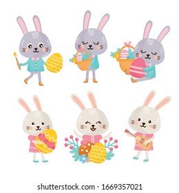 Happy Easter set. Cute rabbits characters. Hare with Easter basket, spring flowers and Easter eggs. Romantic composition. Good for spring invitations, banners, greeting card design.