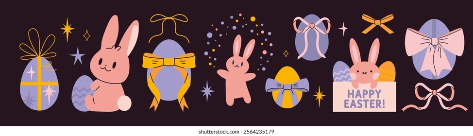 Happy Easter set with cute rabbits, eggs, bows and stars, pastel colors. Trendy modern vector illustration on black background, hand drawn, flat design