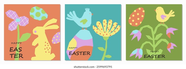 Happy Easter .Set of cute square cards. Cut out naive Easter eggs, flowers, rabbit, chicken and bird. Colorful elements on terracotta, green and blue. Minimalist style Easter templates. Vector 