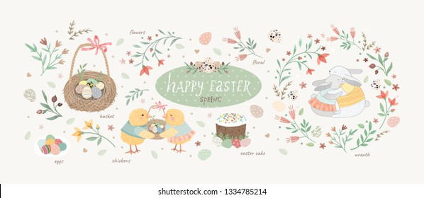 Happy easter! Set of cute vector illustrations for a poster, card, invitation or banner. Congratulations on the holiday.
