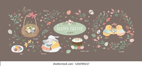 Happy easter! Set of cute vector illustrations for a poster, card, invitation or banner. Congratulations on the holiday.
