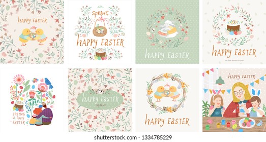 ¡Feliz Pascua! Conjunto de ilustraciones vectoriales lindas para un afiche, tarjeta, invitación o banner. Felicitaciones por la fiesta.
