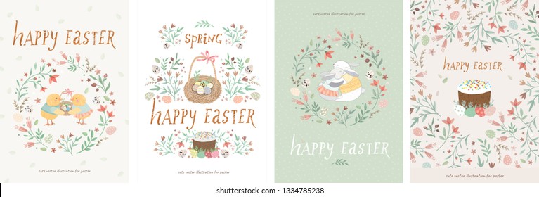 Happy easter! Set of cute vector illustrations for a poster, card, invitation or banner. Congratulations on the holiday.
