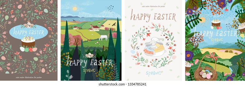 Happy easter! Set of cute vector illustrations for a poster, cover, card, invitation or banner. Congratulations on the holiday.
