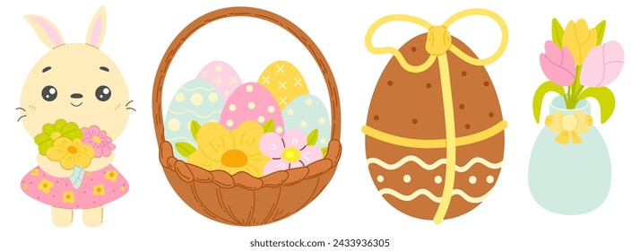Happy Easter set with cute white bunny and eggs. Rabbit character set. Animal wildlife holidays cartoon. Vector illustration.