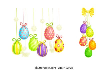 Happy Easter set. Decorated colorful eggs cartoon vector illustration