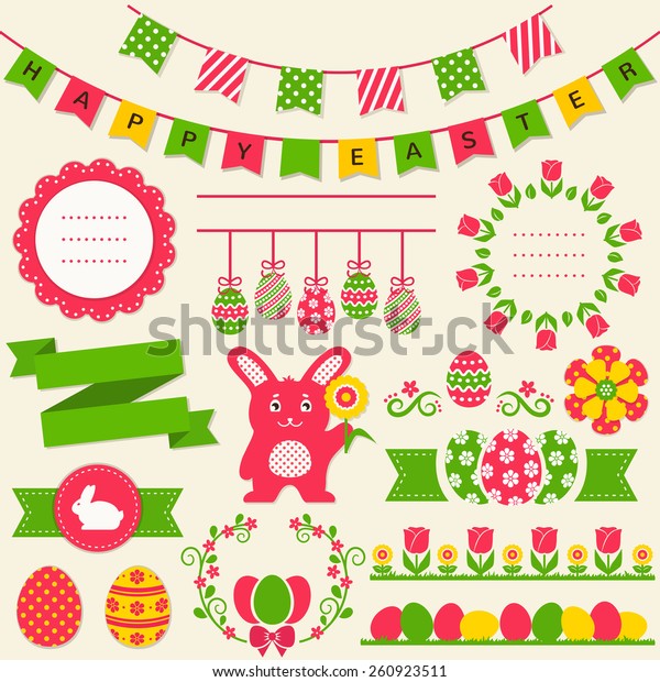 Happy Easter! Set of decorations isolated on light\
background. Collection of colorful cute elements for scrapbooking,\
festive invitations, page and website decor or any other design.\
Vector set. 