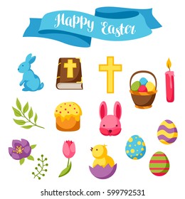 Happy Easter set of decorative objects, eggs and bunnies.
