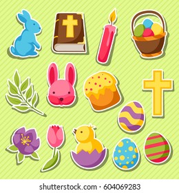 Happy Easter set of decorative objects, eggs and bunnies stickers.