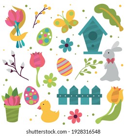 Happy easter! Set of Easter design elements. Plants, eggs, duck, butterfly, rabbit, tulips, flowers, pussy willow, mimosa, birdhouse, fence. Decoration for spring cards, sites, posters, banners.