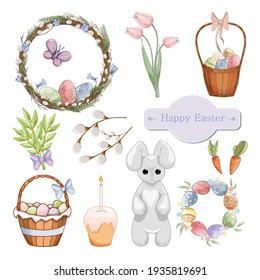 Happy Easter Set of design elements. Cute rabbit, baskets with Easter eggs, Easter cake and spring flowers