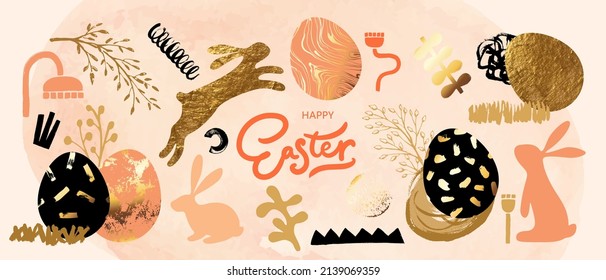 Happy Easter set of design elements. Hand drawn grunge textures. Golden eggs, hair, rabbit, botanical elements, abstract forms.