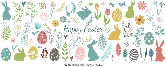 Happy Easter. Set of Easter design elements. Modern art minimalist style. Vector illustration.
