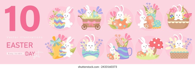 Happy Easter Set. designs for spring holidays. Cute congratulations with painted easter eggs, rabbits, bunnies, festive cakes. Icons set of Colored flat vector illustrations